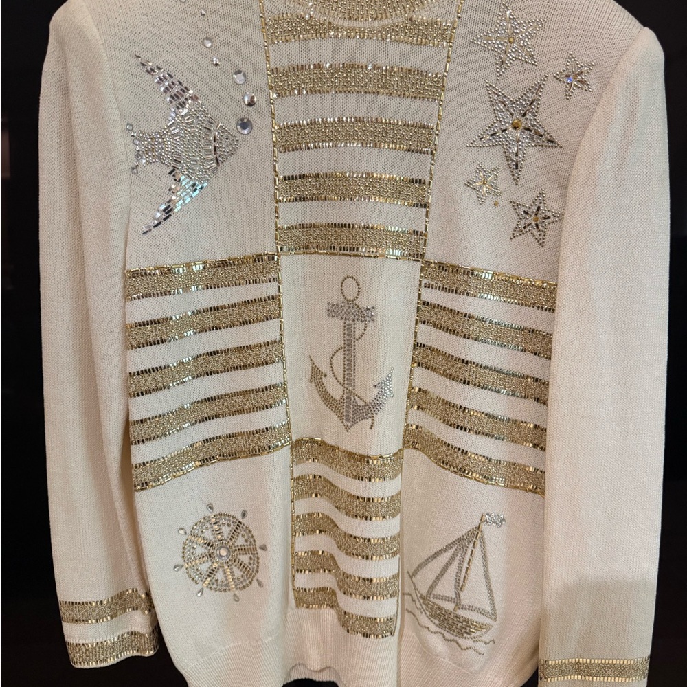 St. John Cream and Gold Crew Neck Sweater with Nautical Charm